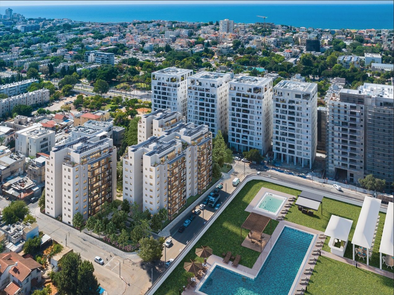 הדמיית NEW JAFFA עם הפיתוח והמרחב שבין הבניינים